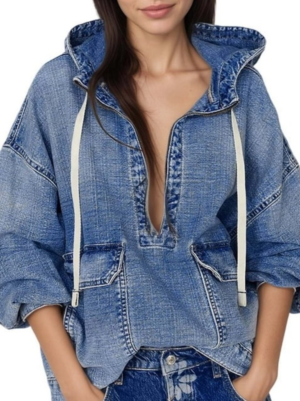 Half Zip Denim Hoodie Trendy Oversized Pullover with Drawstring L